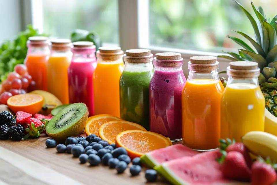 Verres de smoothies colorés entourés de fruits, légumes, flocons d’avoine et graines sur une table claire