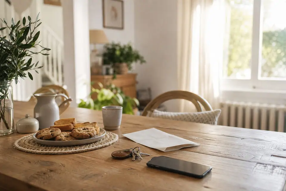 Table de cuisine avec un mot manuscrit, un goûter préparé et un trousseau de clés