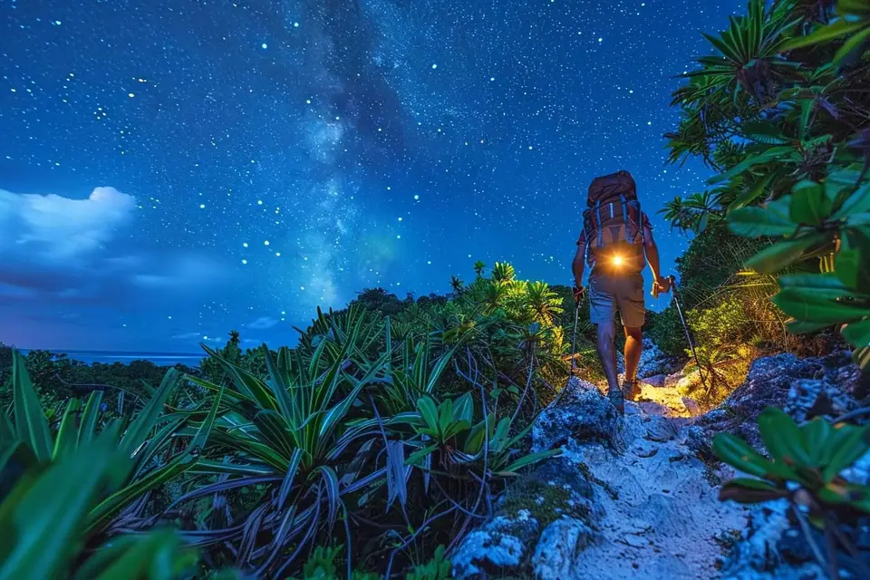 Randonneurs équipés de lampes frontales sur un sentier volcanique sous le ciel étoilé du Teide