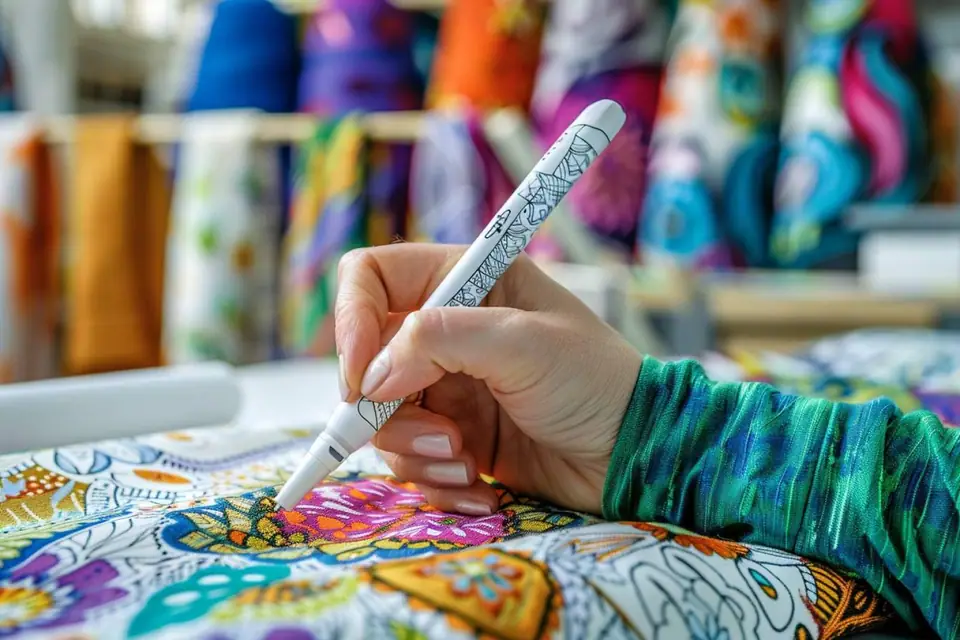Étiquettes thermocollantes, fil de broderie et feuilles de flex près de vêtements en coton
