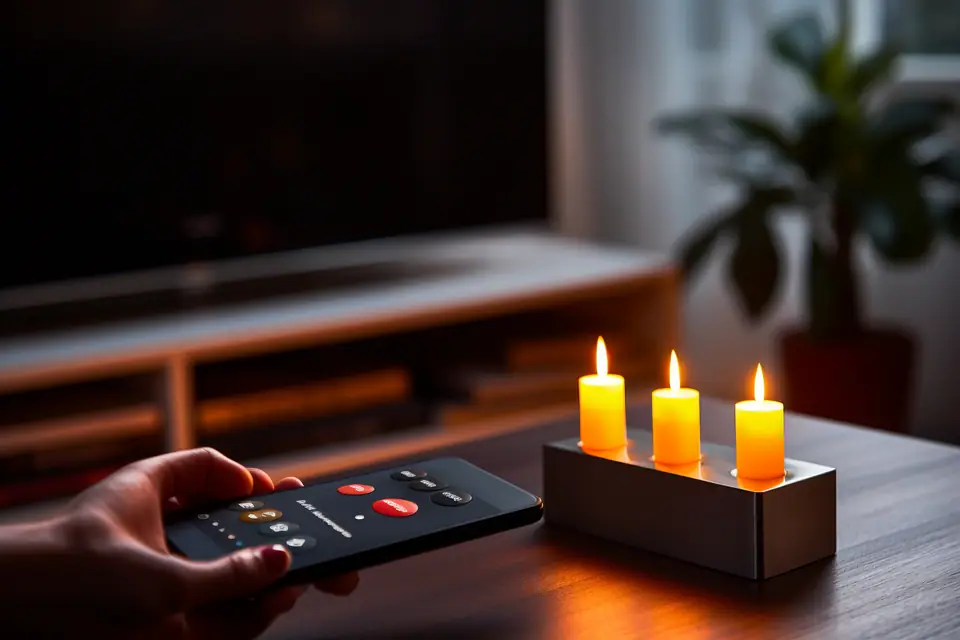 Téléviseur connecté affichant une plateforme vidéo dans un salon avec télécommande posée sur une table basse