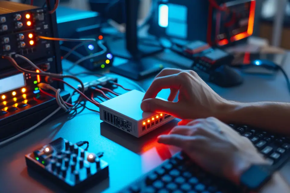 Point d’accès Wi-Fi mural relié par un câble Ethernet dans une maison