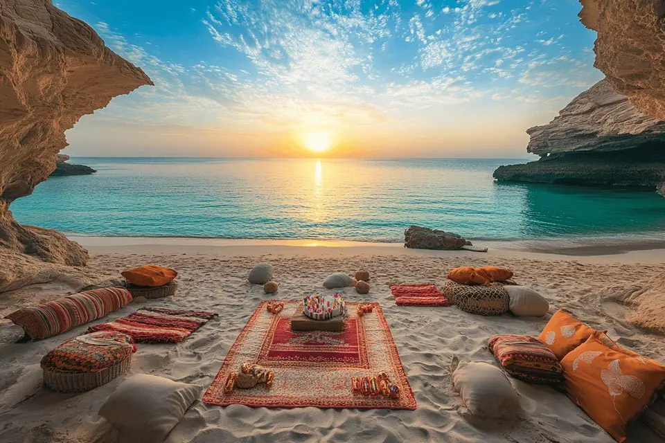 Table dressée au coucher du soleil dans le désert omanais, montagnes rocheuses à l’horizon
