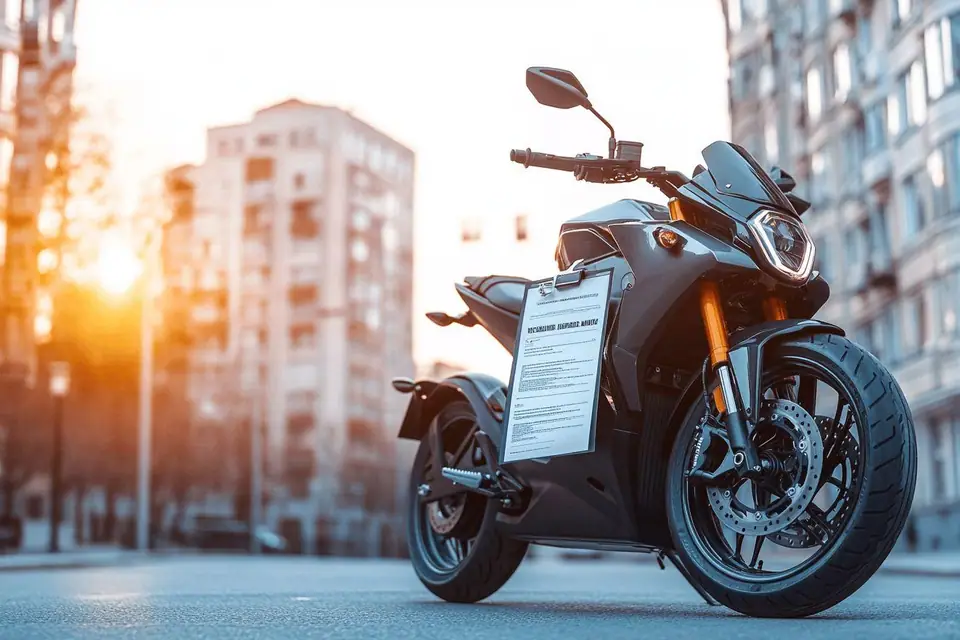 Scooter électrique stationné devant un immeuble avec casque et plaque d’immatriculation visibles