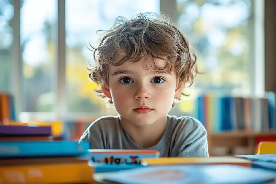 Parent et enfant travaillant sur un cahier avec ordinateur et fiches de lecture colorées