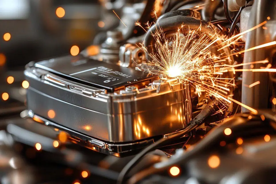 Mécanicien contrôlant la tension d’une batterie automobile avec un multimètre sous le capot