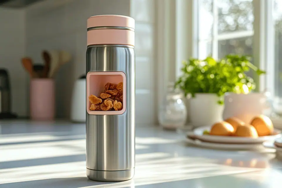 Bouteille isotherme en inox avec compartiment inférieur contenant des fruits secs sur une table