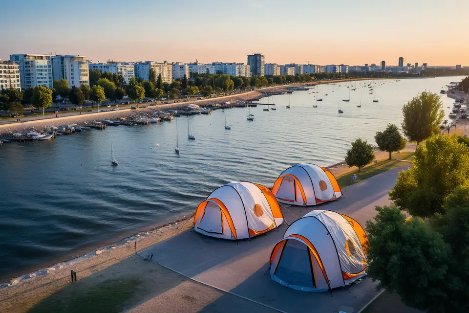 Tentes et vans installés près de la côte charentaise, avec les tours du Vieux-Port au loin