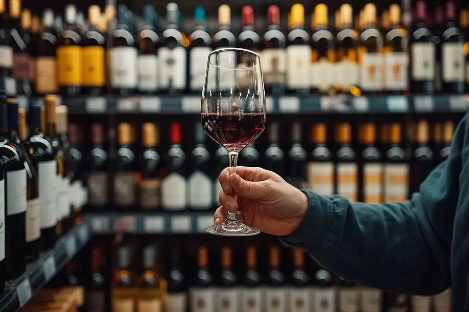 Rayons de bouteilles de vin étiquetées dans un supermarché français pendant une foire aux vins