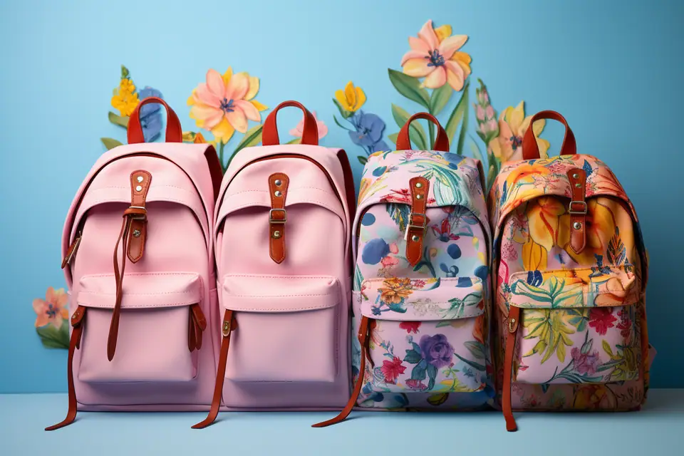 Petit cartable coloré posé près de vêtements d’enfant et d’une paire de baskets