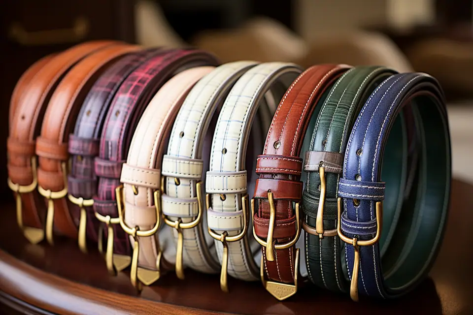 Ceinture en cuir marron à boucle métallique posée sur un jean et des chaussures