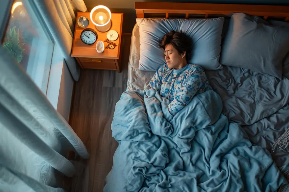 Réveil analogique près d’une fenêtre éclairée au petit matin avec une tasse posée à côté