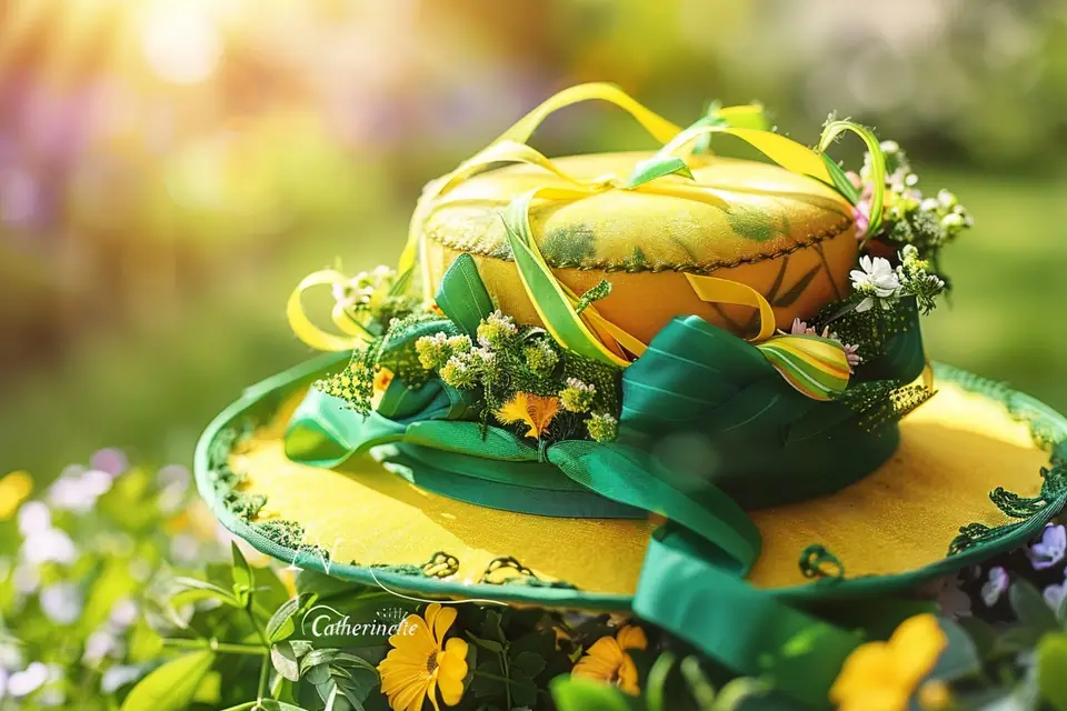 Chapeau de catherinette jaune et vert décoré de rubans, fleurs et petits objets