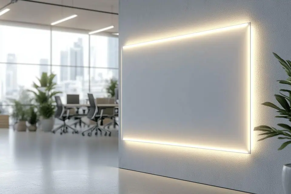 Panneaux radiants lumineux suspendus sous le plafond d’un gymnase vide et éclairé
