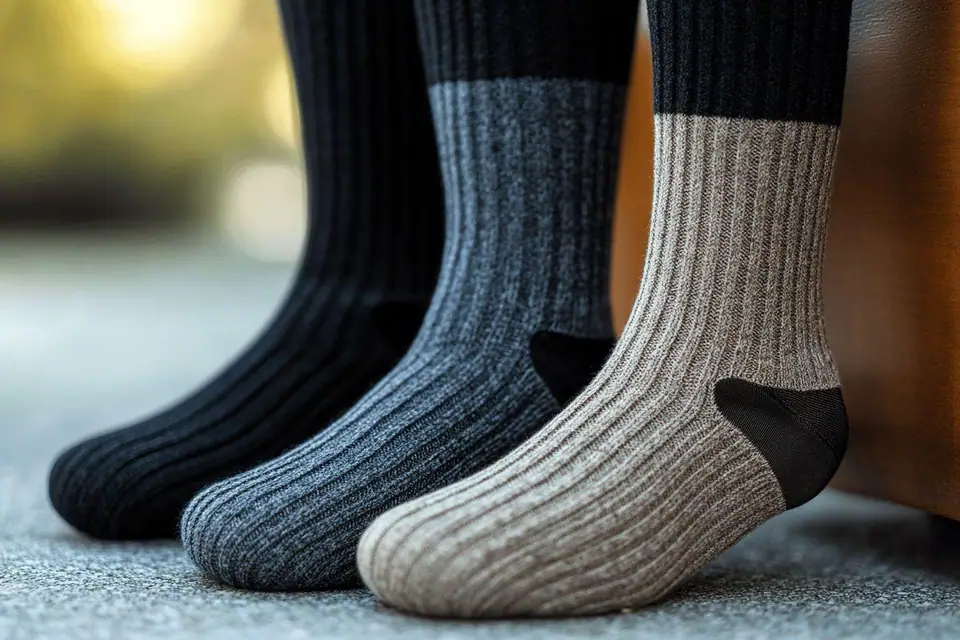 Homme assis en costume bleu marine portant des chaussettes bleu foncé et des chaussures en cuir