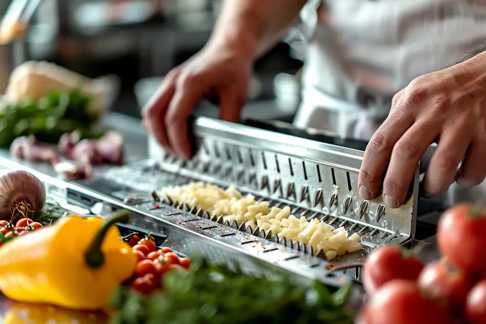 Mandoline de cuisine posée sur un plan de travail avec légumes émincés et poussoir de sécurité