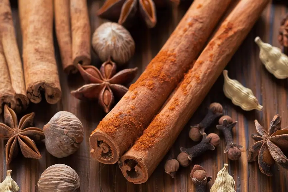 Bâtons de cannelle, poudre brune et petit flacon ambré posés sur une table claire