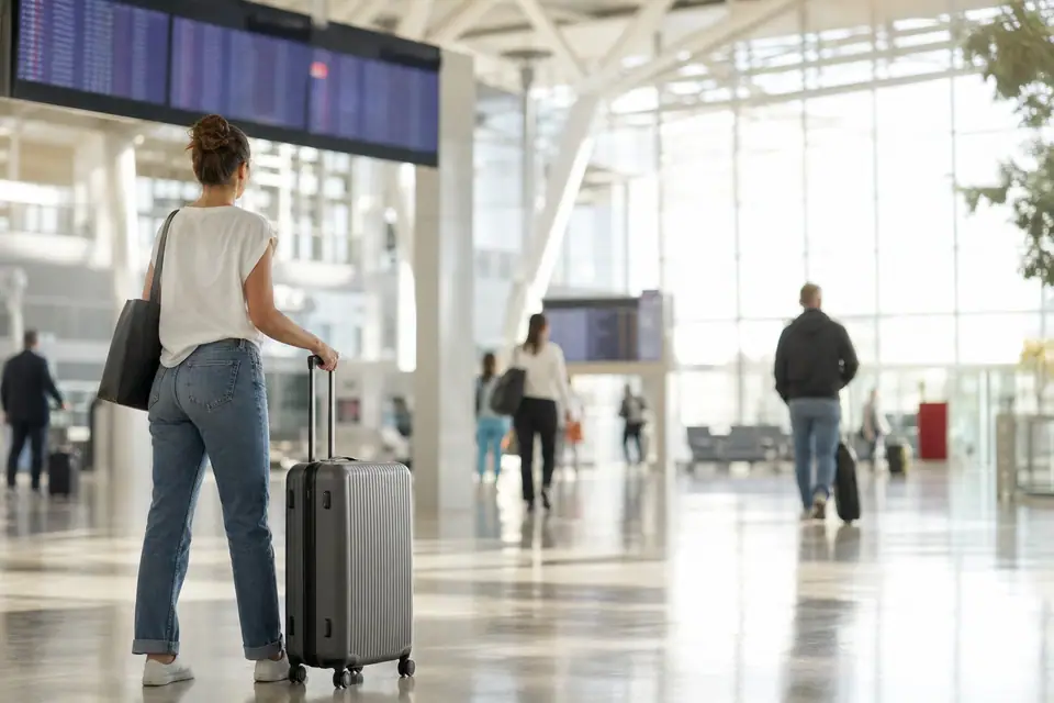 Voyageurs avec bagages dans un hall d’aéroport, panneaux d’affichage des vols en arrière-plan