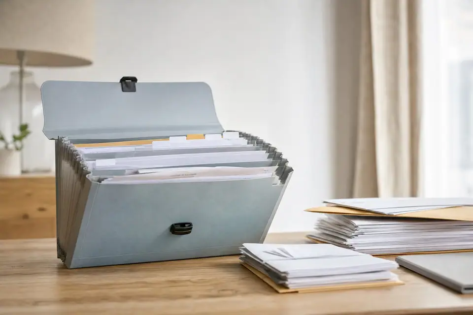 Classeur à soufflets ouvert sur une table, rempli de factures et de relevés triés par intercalaires