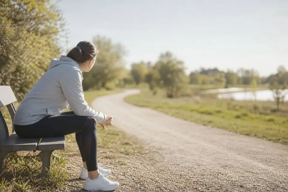 Personne assise sur un banc de parc, chaussures de sport aux pieds, regardant un chemin de course