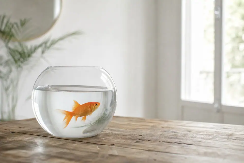 Poisson rouge nageant dans un bocal en verre rond posé sur une table