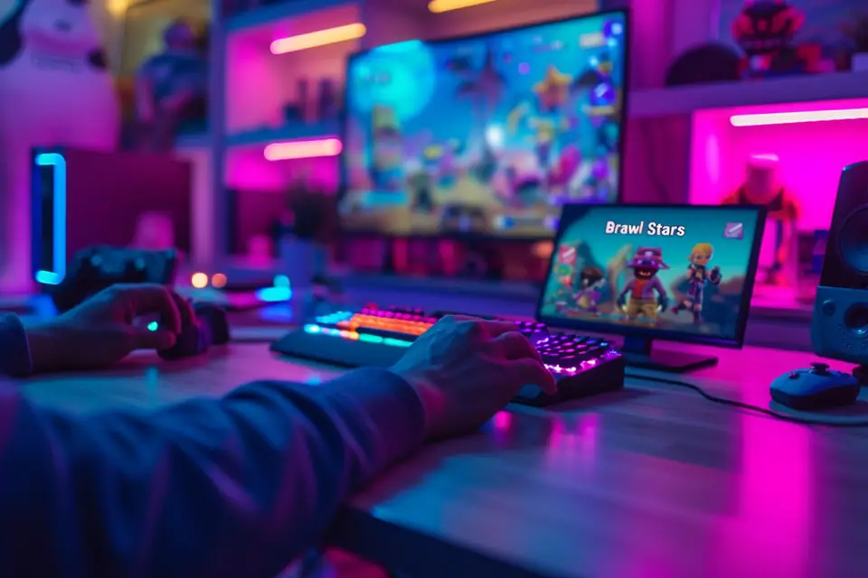 Joueur filmant une partie de Brawl Stars sur smartphone avec micro et éclairage de bureau