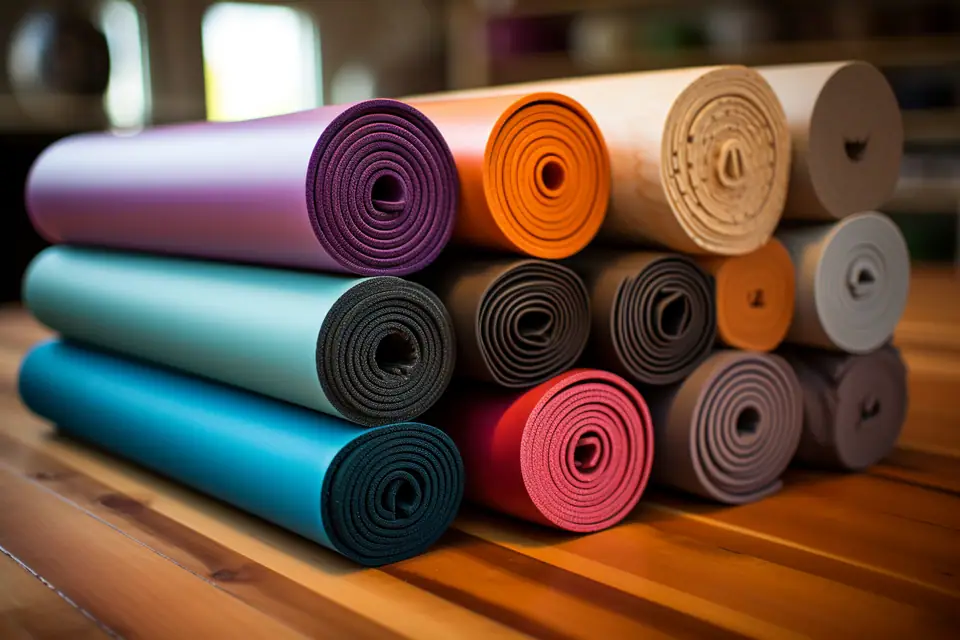 Tapis de yoga, briques en liège, sangle et bouteille d’eau posés sur un parquet clair