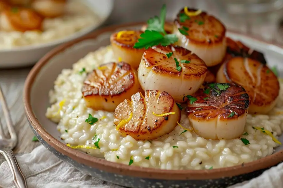 Coquilles Saint-Jacques cuisinées en portions dans des boîtes hermétiques posées près d’un congélateur