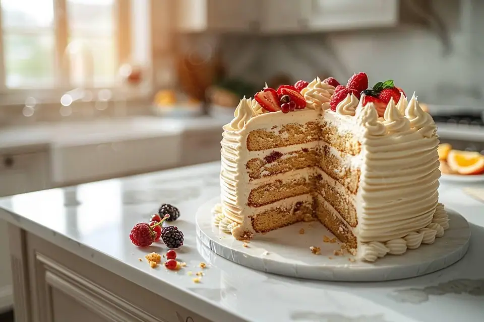 Cake marbré tranché, emballé dans du film alimentaire avant rangement au congélateur