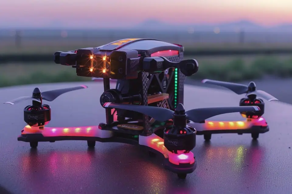 Drone FPV posé sur un établi avec contrôleur de vol, outils et hélices retirées