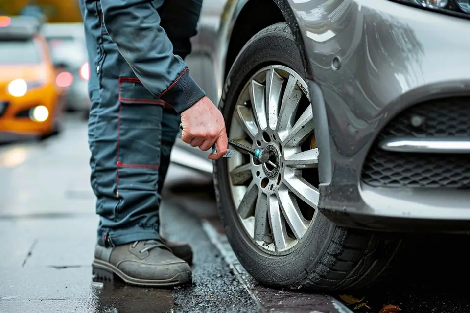 Roue Mercedes déposée avec clé dynamométrique et boulon neuf posé sur une surface propre