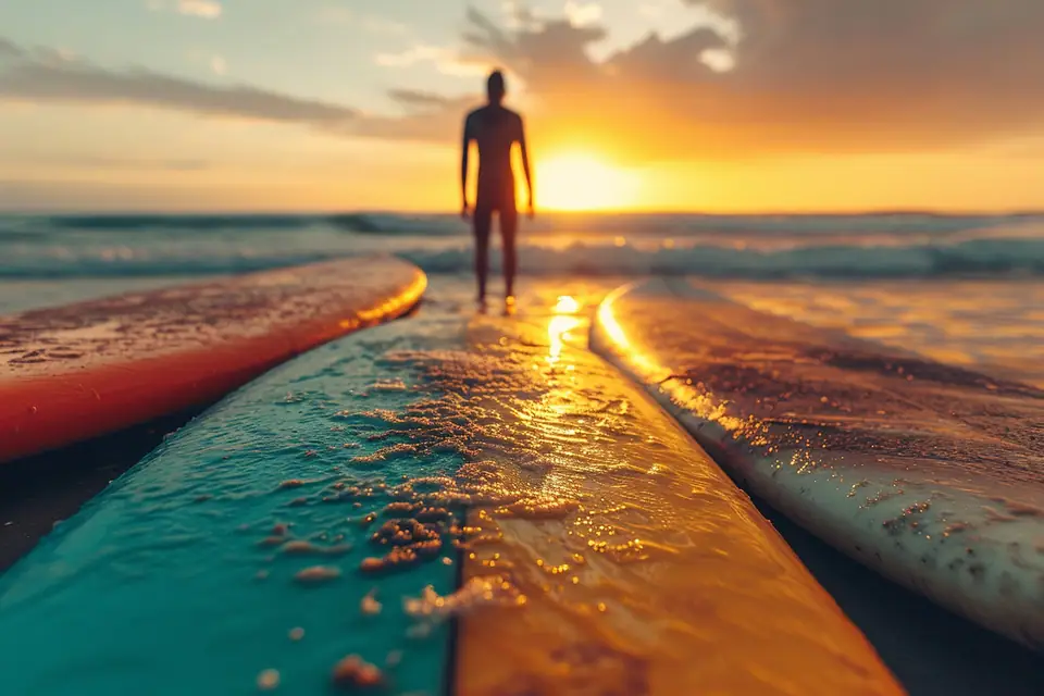 Surfeur comparant deux planches sur le sable avant une session dans de petites vagues