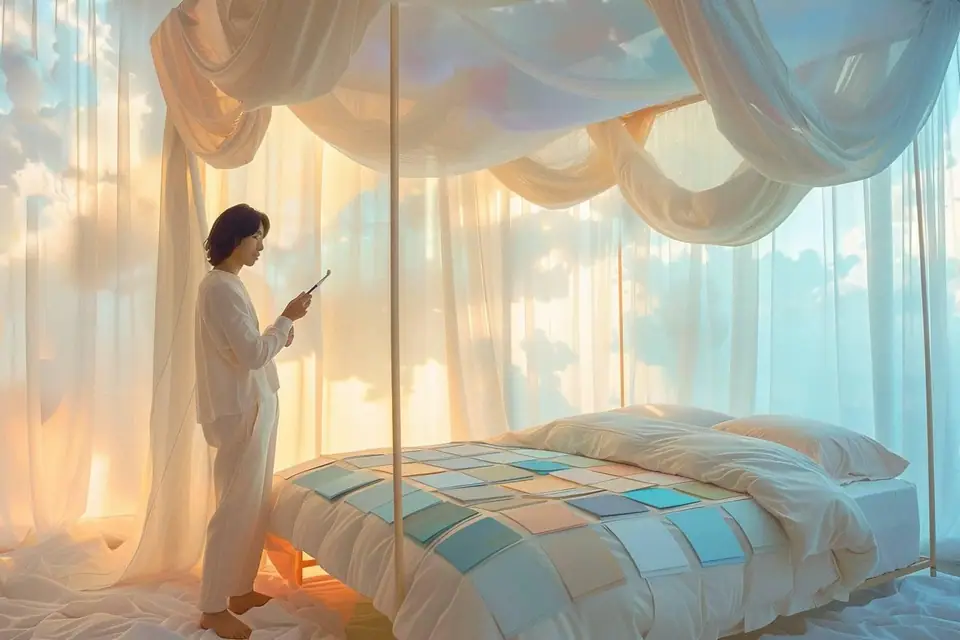Ciel de lit en voile beige clair suspendu au-dessus d’un lit dans une chambre lumineuse