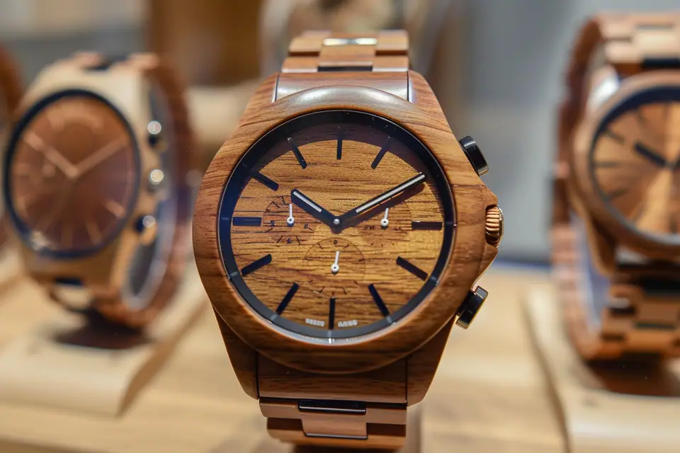 Montre connectée avec boîtier en bois posée près d’un smartphone et d’un câble de charge