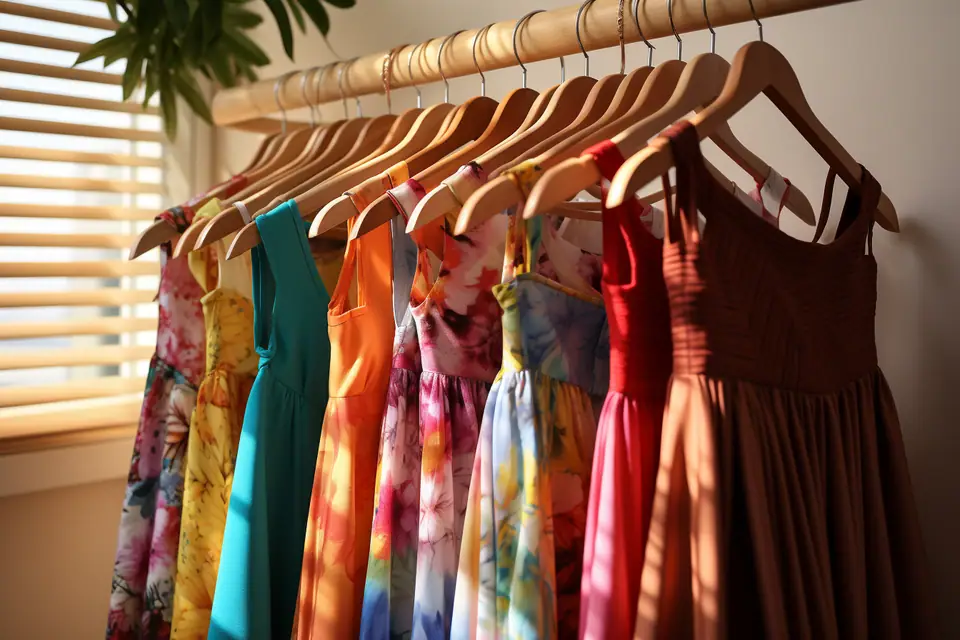 Femme essayant une robe d’été fluide devant un miroir dans une cabine lumineuse