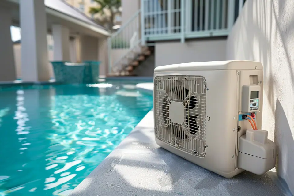 Pompe et filtre raccordés à une piscine hors sol dans un jardin familial