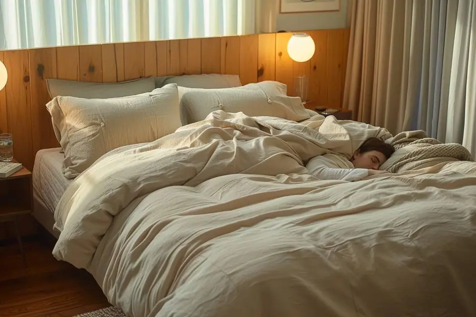 Mètre ruban posé sur un lit double dans une chambre lumineuse et aménagée