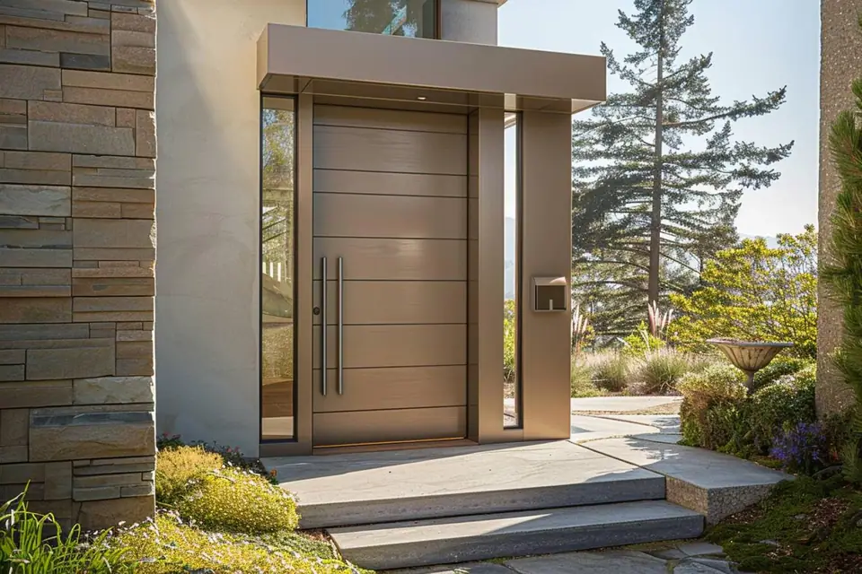 Porte d’entrée anthracite à panneau lisse sur façade contemporaine blanche avec grandes baies vitrées