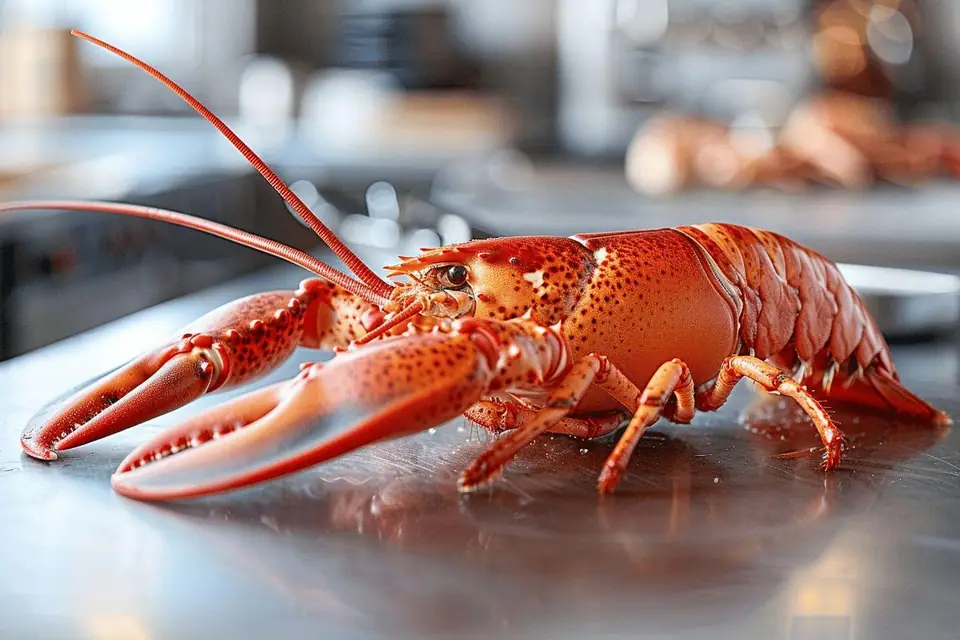 Langouste cuite posée sur une planche, emballages de congélation et thermomètre de cuisine à côté