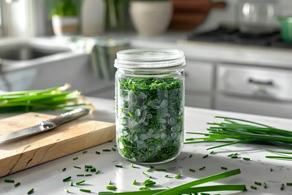 Ciboulette fraîche ciselée répartie dans un sachet de congélation transparent sur un plan de travail