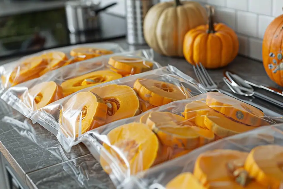 Cubes de courge orange disposés sur une plaque avant passage au congélateur