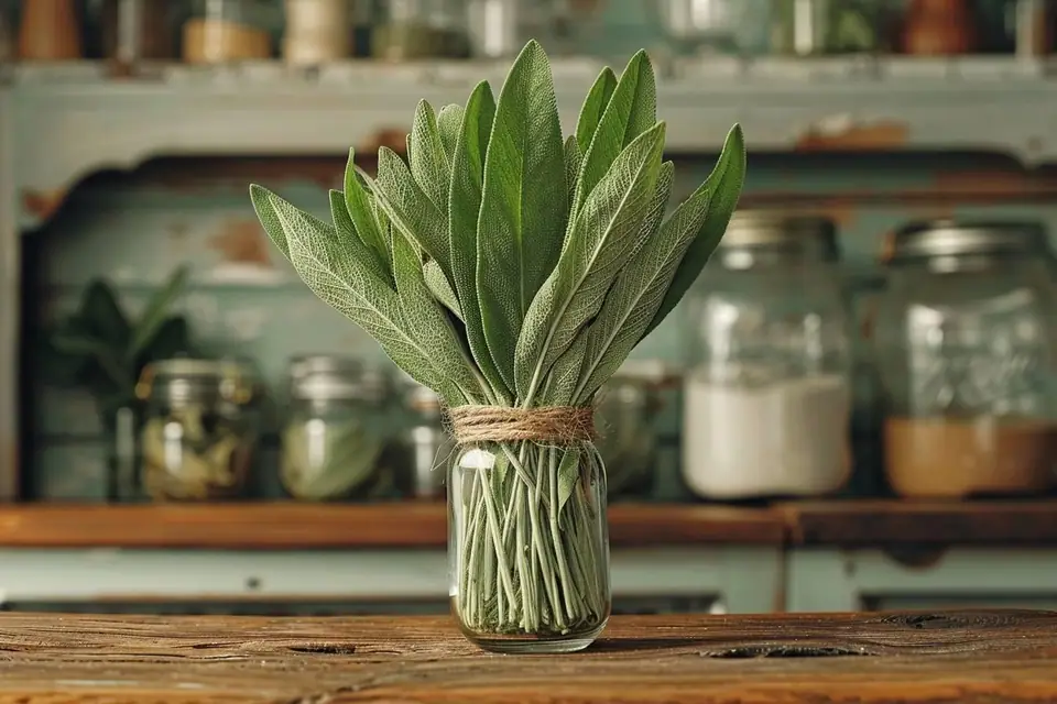 Bouquet de sauge fraîche, feuilles séchées et portions d’herbes congelées sur un plan de travail