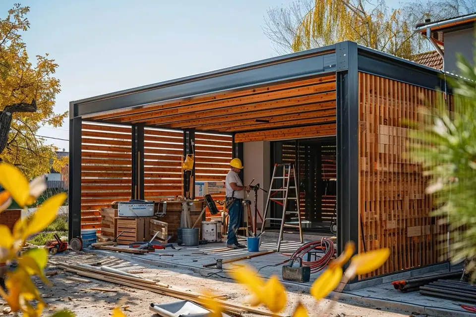 Carport en bois à toit monopente installé sur dalle devant une maison