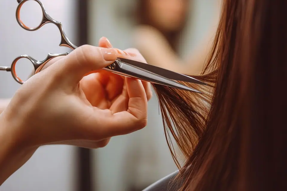 Une personne coupe délicatement les pointes de cheveux longs avec des ciseaux de coiffure