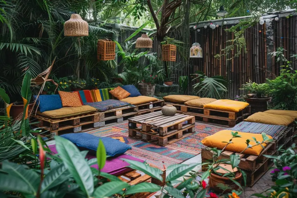 Salon de jardin fabriqué avec bois récupéré, coussins clairs et plantes sur une terrasse
