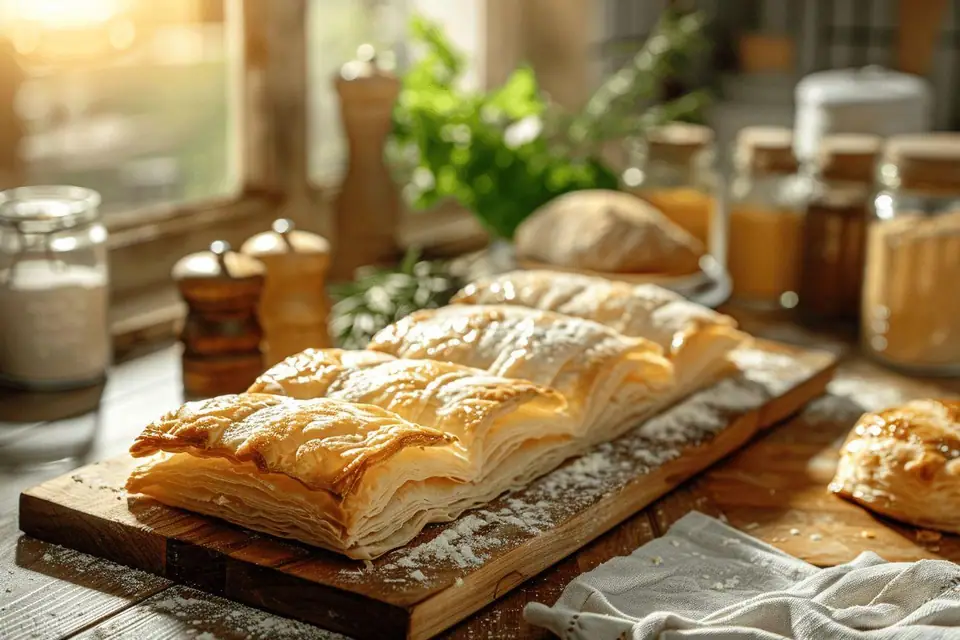 Rouleau de pâte feuilletée sur papier cuisson près d’un réfrigérateur ouvert