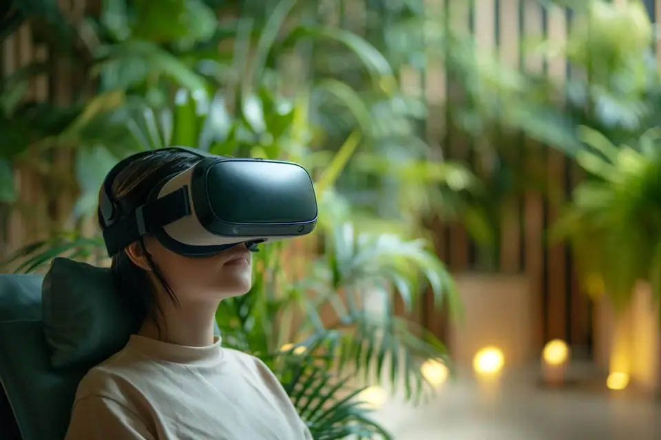 Patient assis portant un casque de réalité virtuelle accompagné par un soignant en cabinet