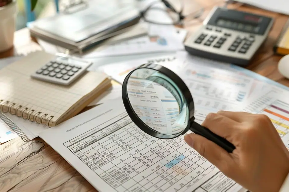 Personne examinant ses relevés bancaires, factures et calculatrice sur une table de cuisine