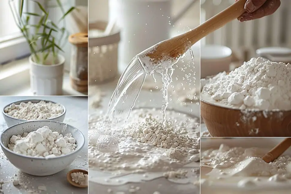 Bol de plâtre blanc, eau mesurée et spatule sur une table protégée