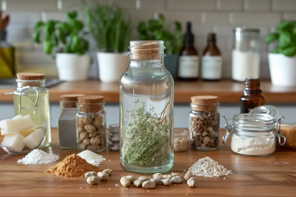 Bocal étiqueté de poudre à lessive maison, cuillère doseuse et linge clair sur une table